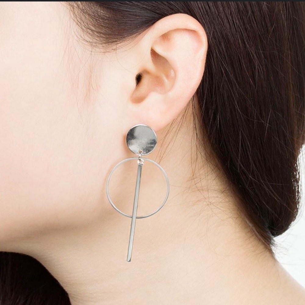New! Modern Geometric Silver Dangle Earrings - Circle Bar Statement Jewelry
